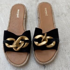 Maypol Black Suede Slide Sandals with Gold Chain Accent